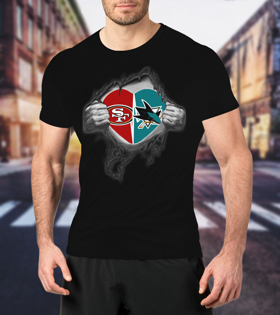 Sf 49ers San Jose Sharks Heart Symbol With Logos T-Shirt