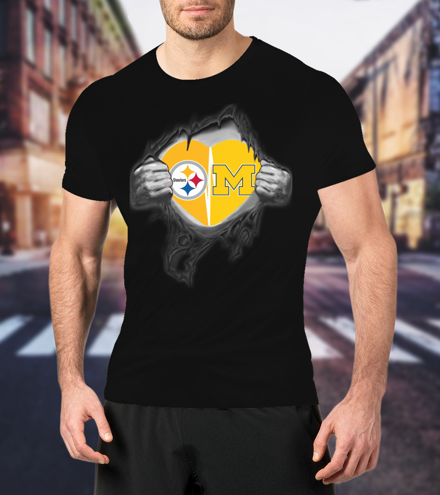 Steelers And Michigan Heart Symbol Inside Ripped Skin T-Shirt