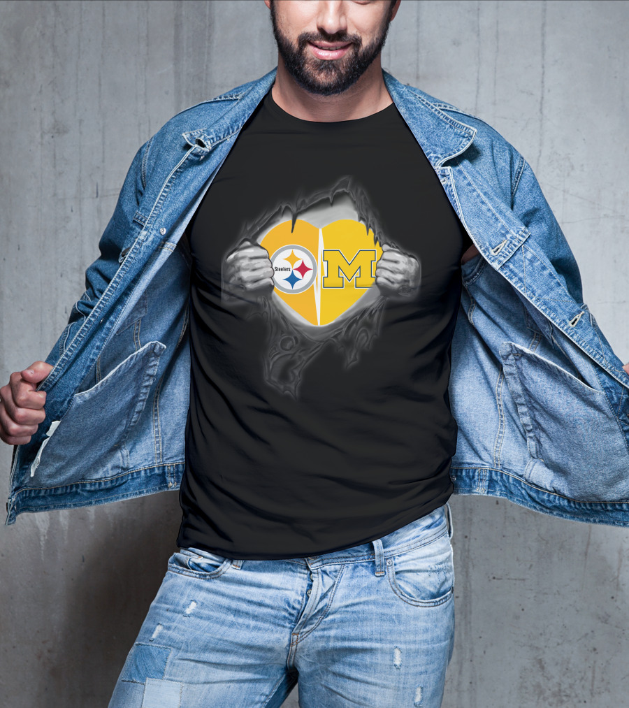 Steelers And Michigan Heart Symbol Inside Ripped Skin T-Shirt