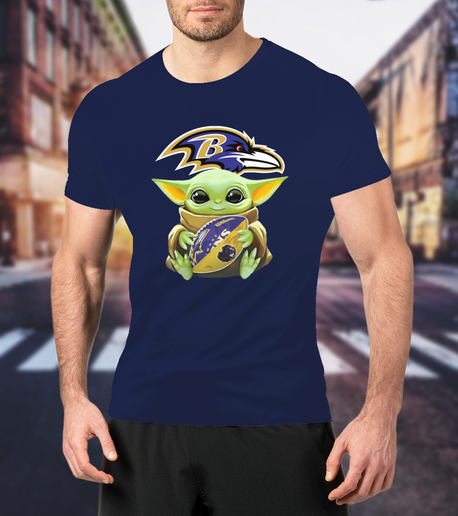 Baltimore Ravens Baby Yoda Holding Football With Team T-Shirt