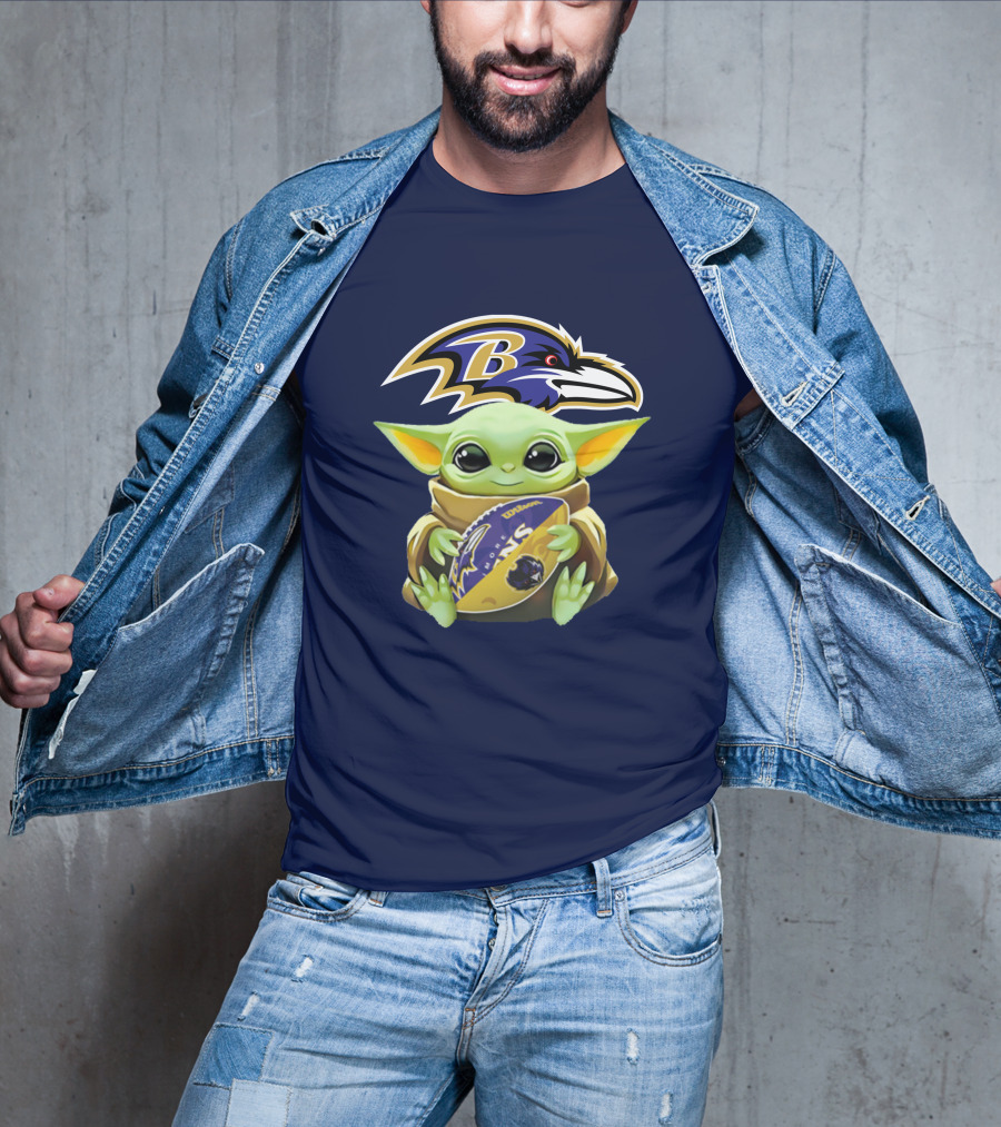 Baltimore Ravens Baby Yoda Holding Football With Team T-Shirt