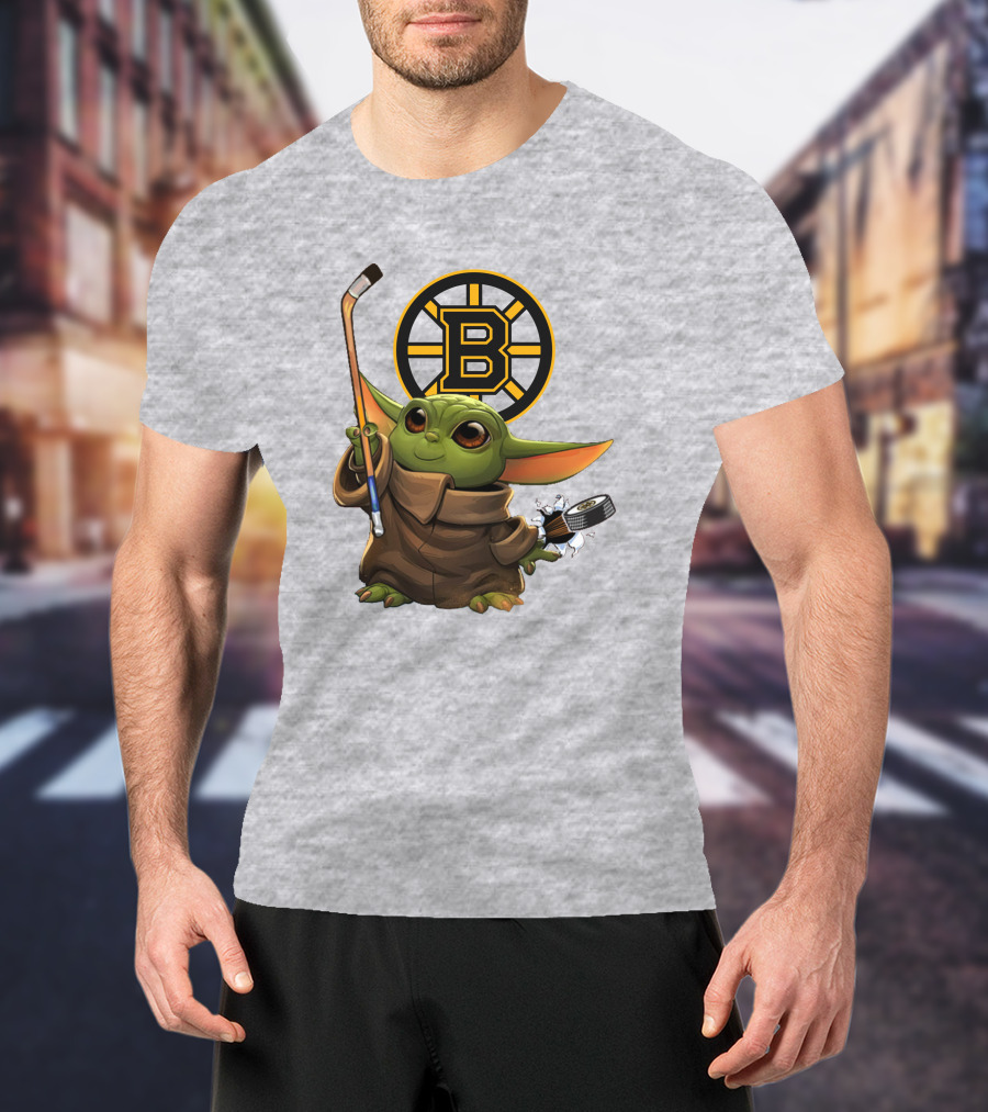 Boston Bruins Baby Yoda Hockey Stick Puck Character T-Shirt