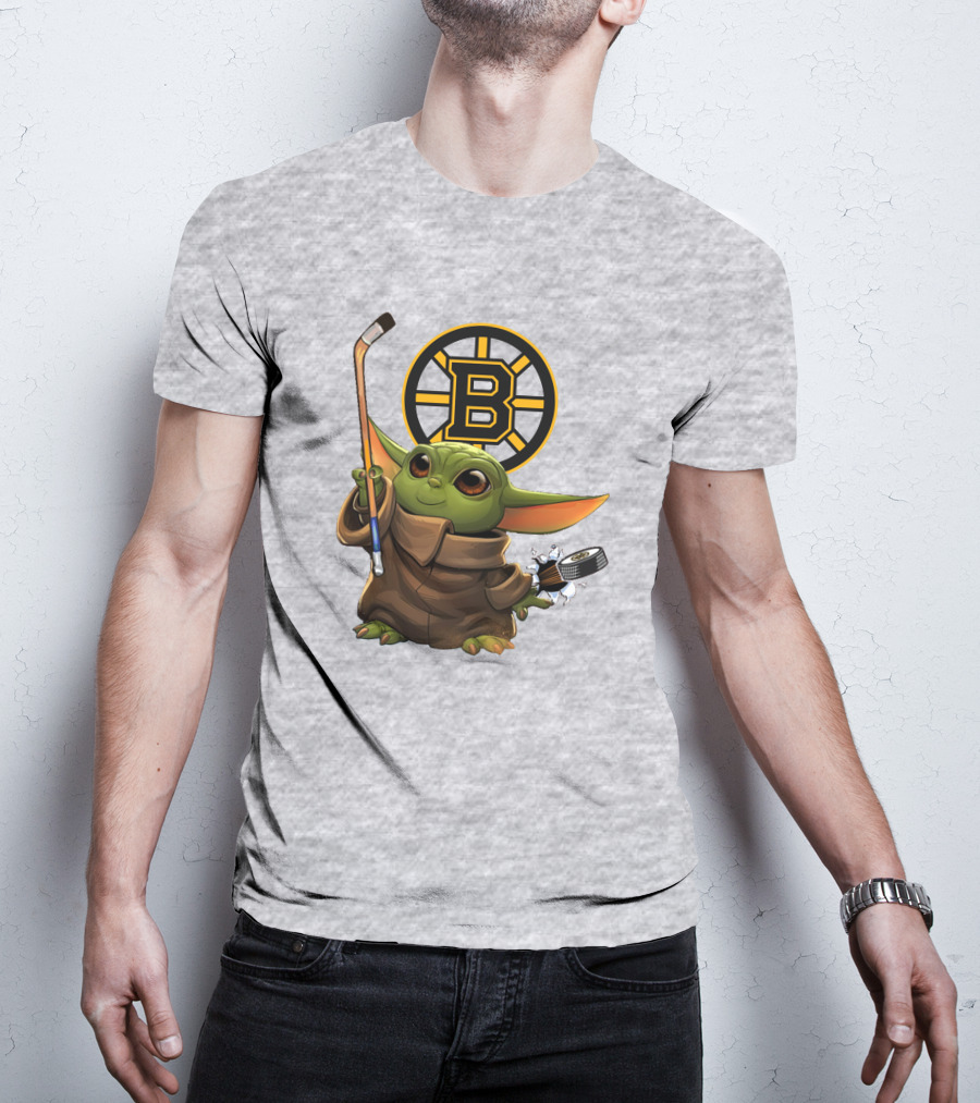 Boston Bruins Baby Yoda Hockey Stick Puck Character T-Shirt
