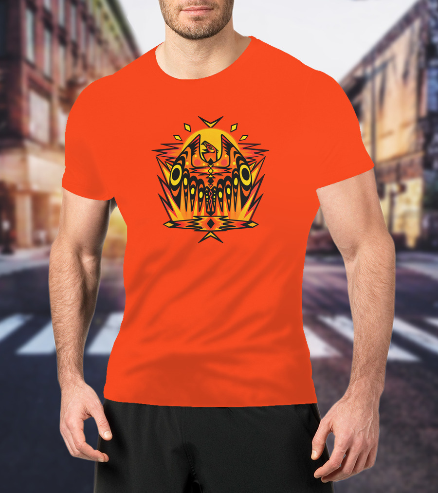 Howl Out Golden Eagle Rises Tribal Pattern On Bold Orange Background T-Shirt