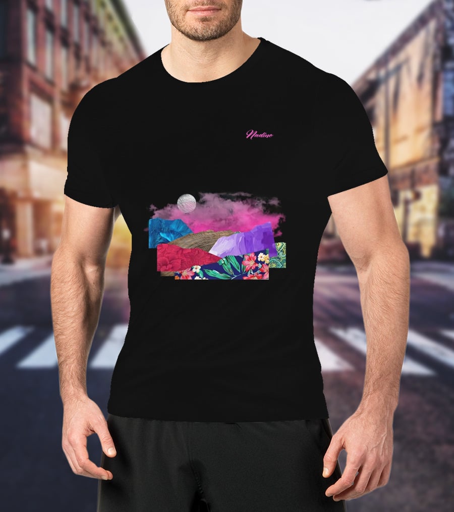 Nadine Lott Vibrant Floral Pattern With Pink And Blue Textures And White Moon T-Shirt