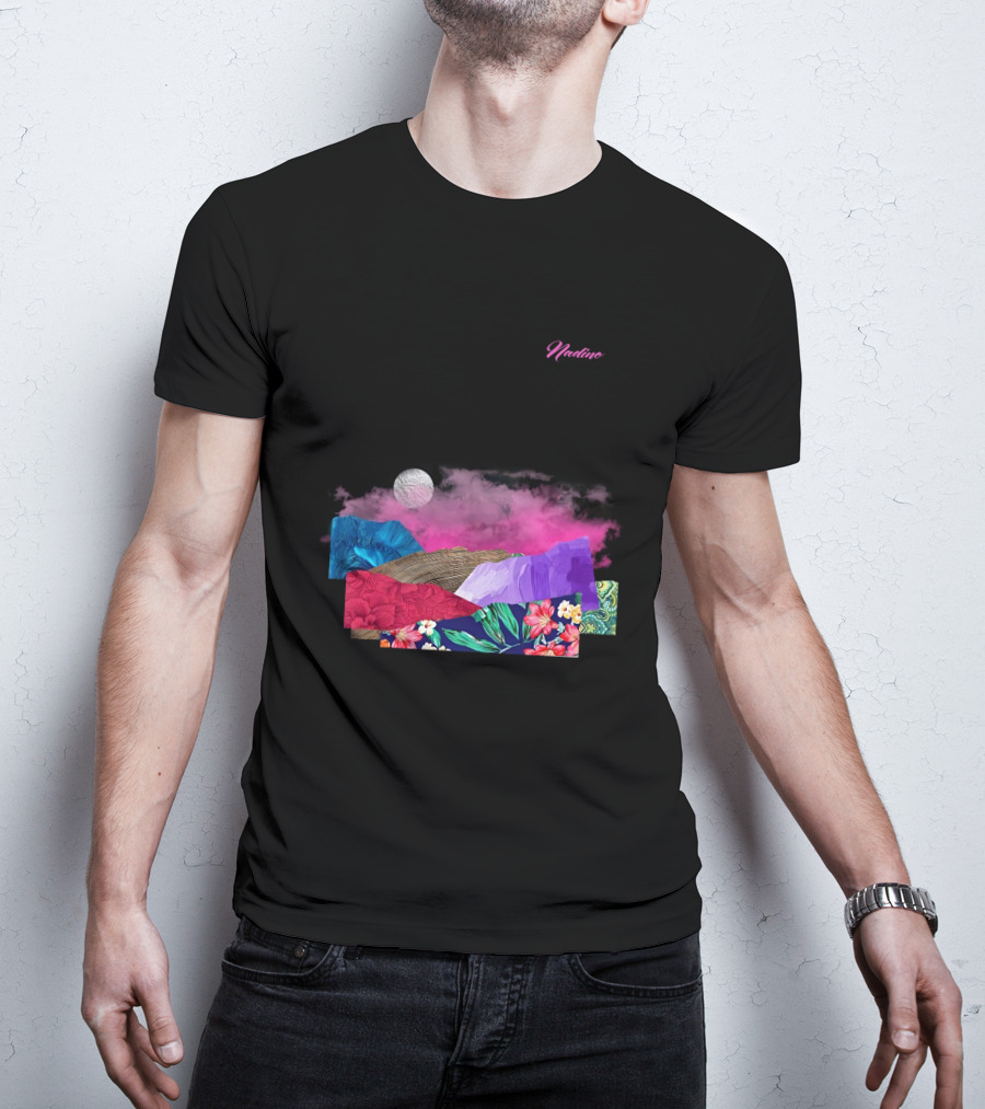 Nadine Lott Vibrant Floral Pattern With Pink And Blue Textures And White Moon T-Shirt