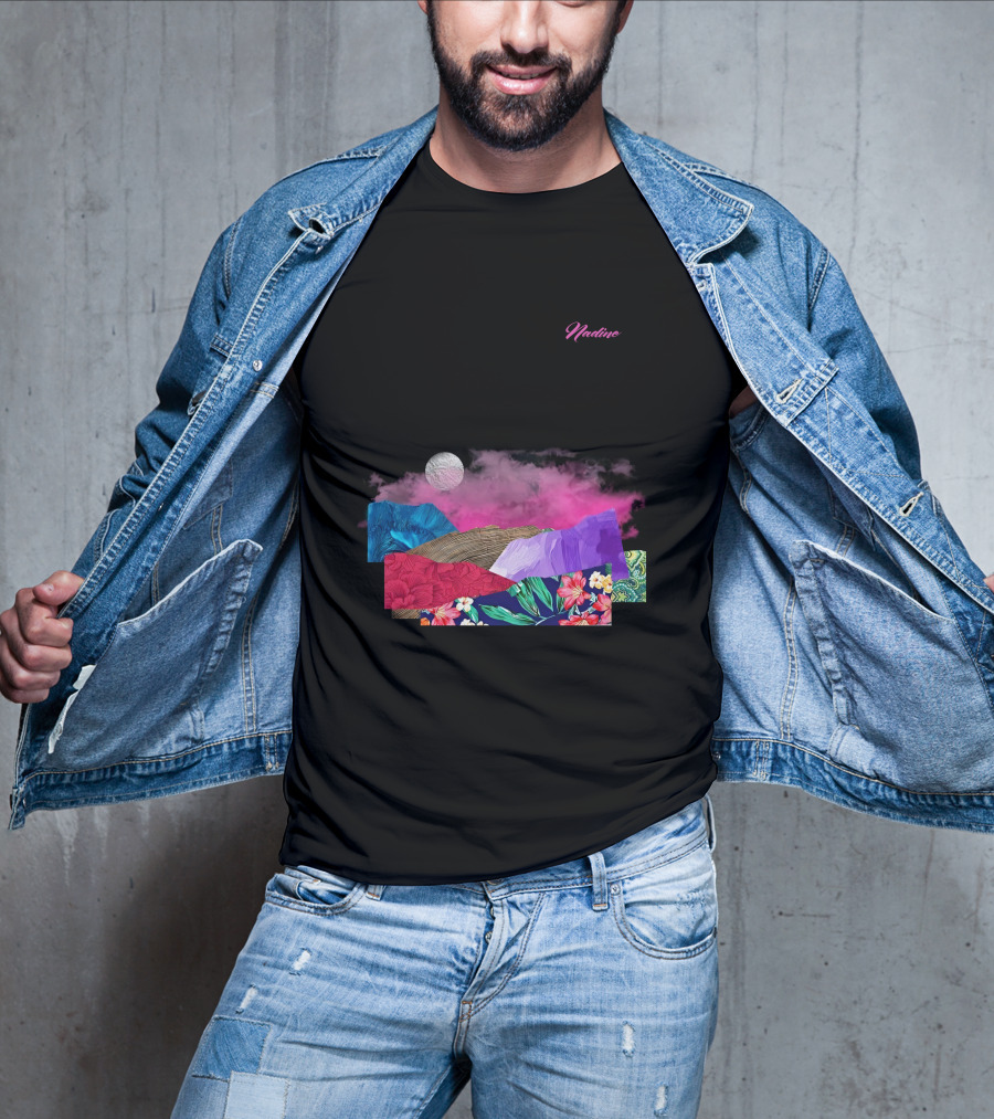 Nadine Lott Vibrant Floral Pattern With Pink And Blue Textures And White Moon T-Shirt