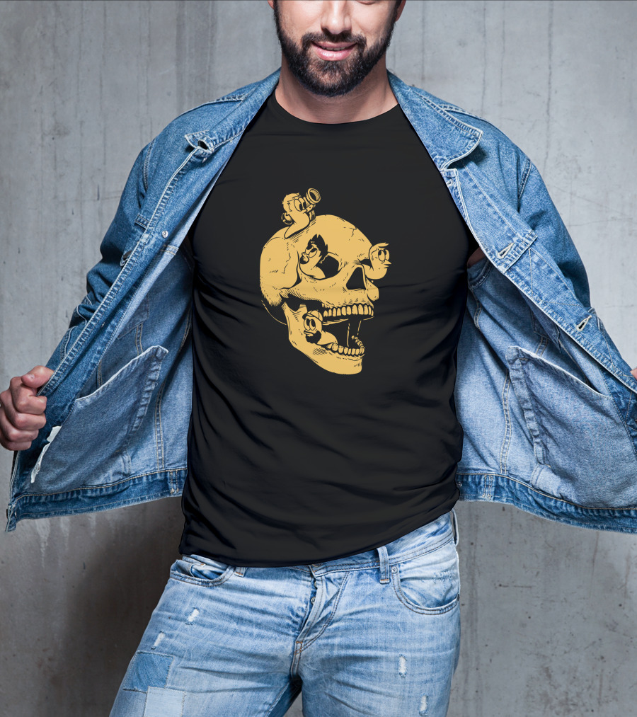 Sweet Skull Gold Variant With Worms And Cartoon Characters T-Shirt