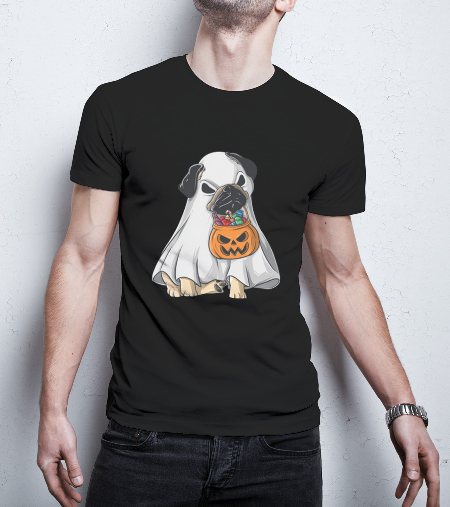 Bestee Shops Ghost Pug With Halloween Candy Bucket T-Shirt