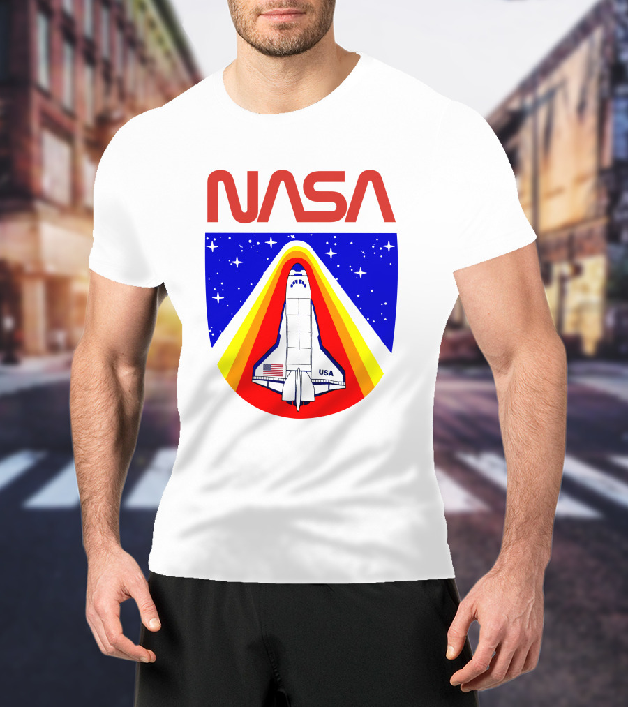 NASA Red Spaceship Emblem With Stars And Rainbow Trail T-Shirt