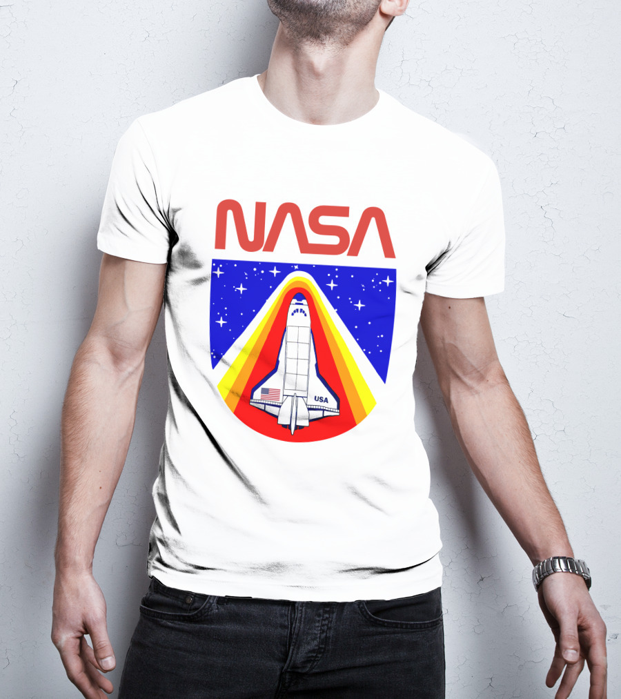 NASA Red Spaceship Emblem With Stars And Rainbow Trail T-Shirt