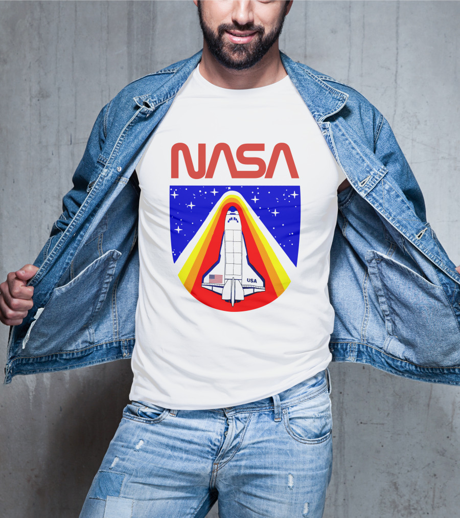 NASA Red Spaceship Emblem With Stars And Rainbow Trail T-Shirt