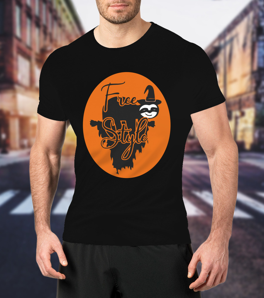 Free Style Halloween Sloth With Witch Hat In Orange Oval T-Shirt