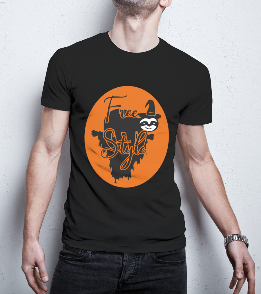 Free Style Halloween Sloth With Witch Hat In Orange Oval T-Shirt