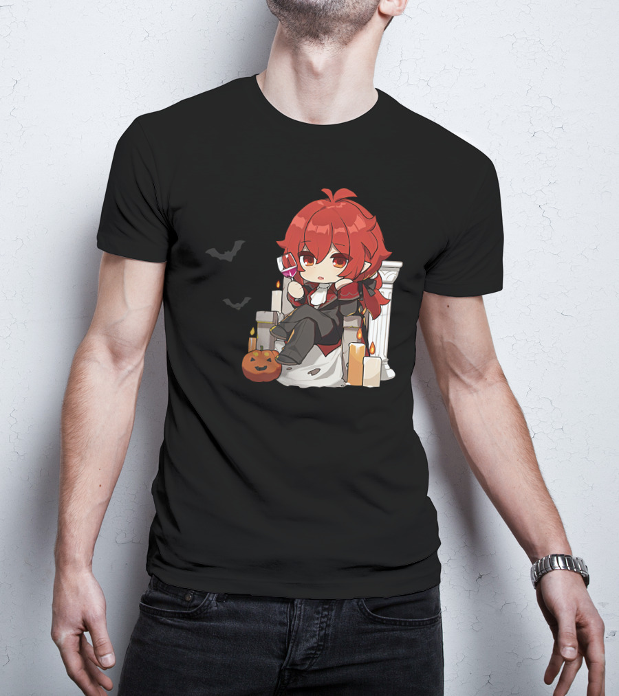 Genshin Impact Diluc Halloween Sitting With Wine And Jack-o'-Lantern T-Shirt
