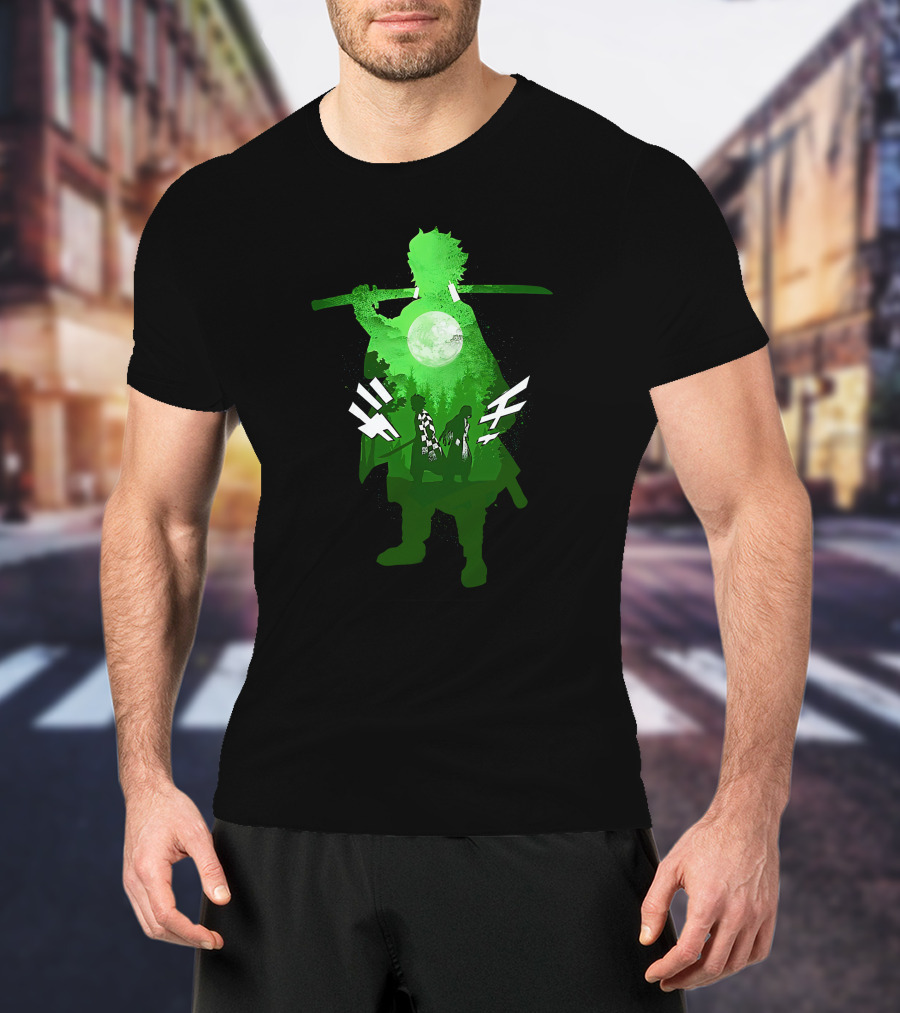 Demon Slayer Anime Tanjiro Kamado Green Silhouette With Moon And Sword T-Shirt
