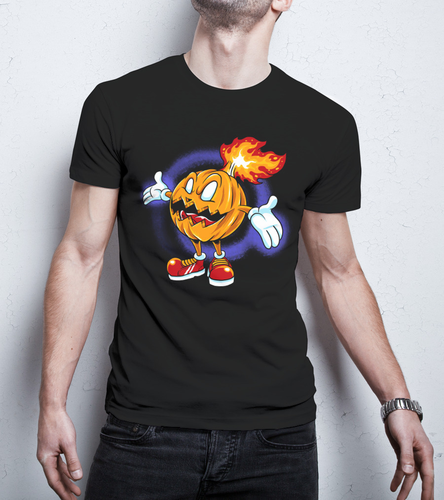 Halloween Pumpkin Fiery Character With Sneakers T-Shirt