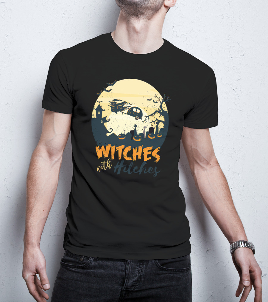 Witches With Hitches Halloween Camper Scene With Flying Broomstick And Spooky Graveyard T-Shirt