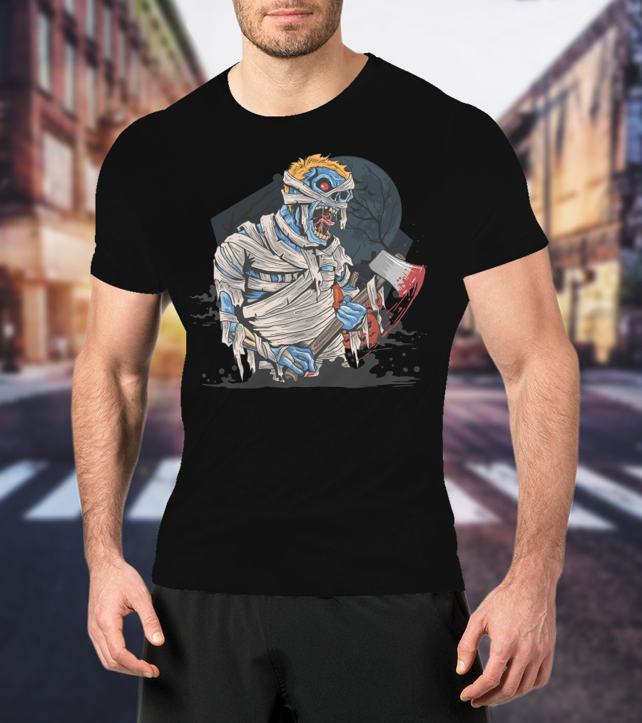 Zombie With Bloody Axe And Tattered Mummy Wrappings Under Full Moon T-Shirt