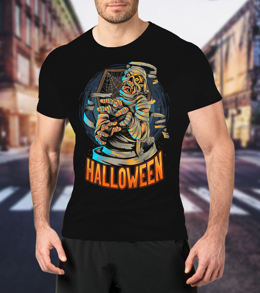 Halloween Scary Mummy With Web And Coffin T-Shirt