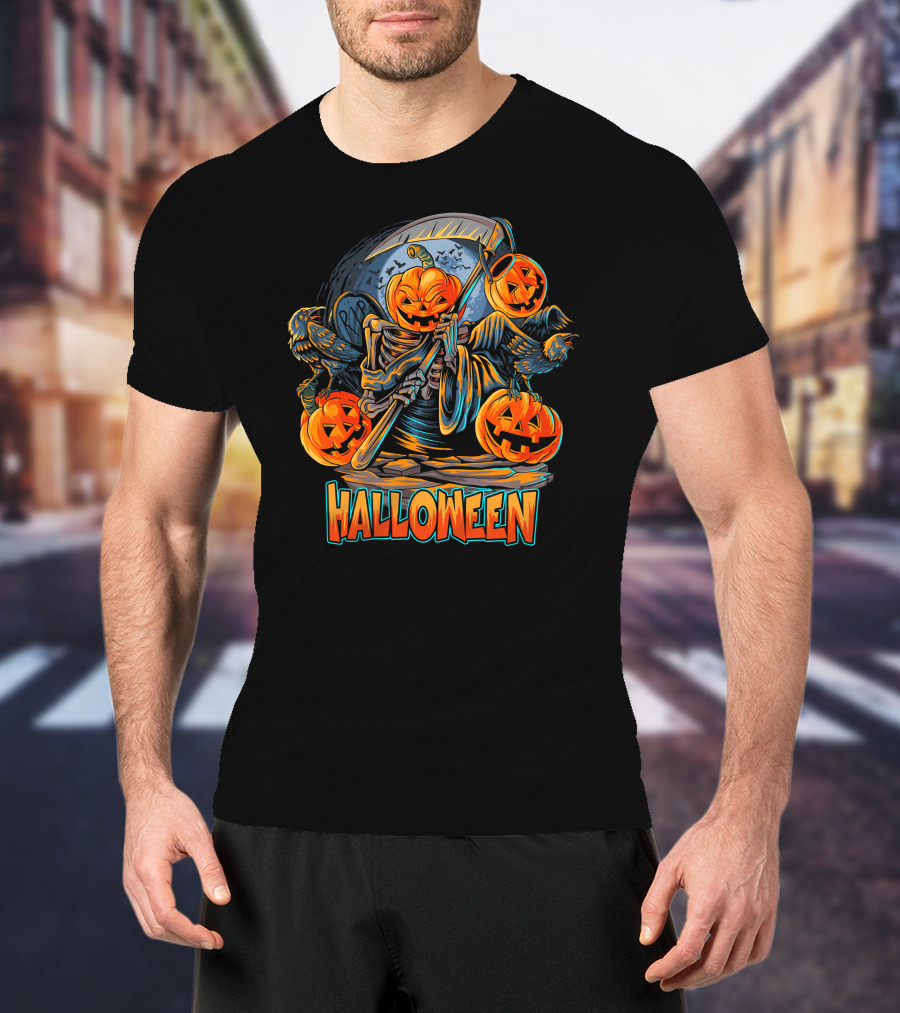 Grim Reaper Jack-O'-Lantern With Scythe And Ravens Halloween Scene T-Shirt