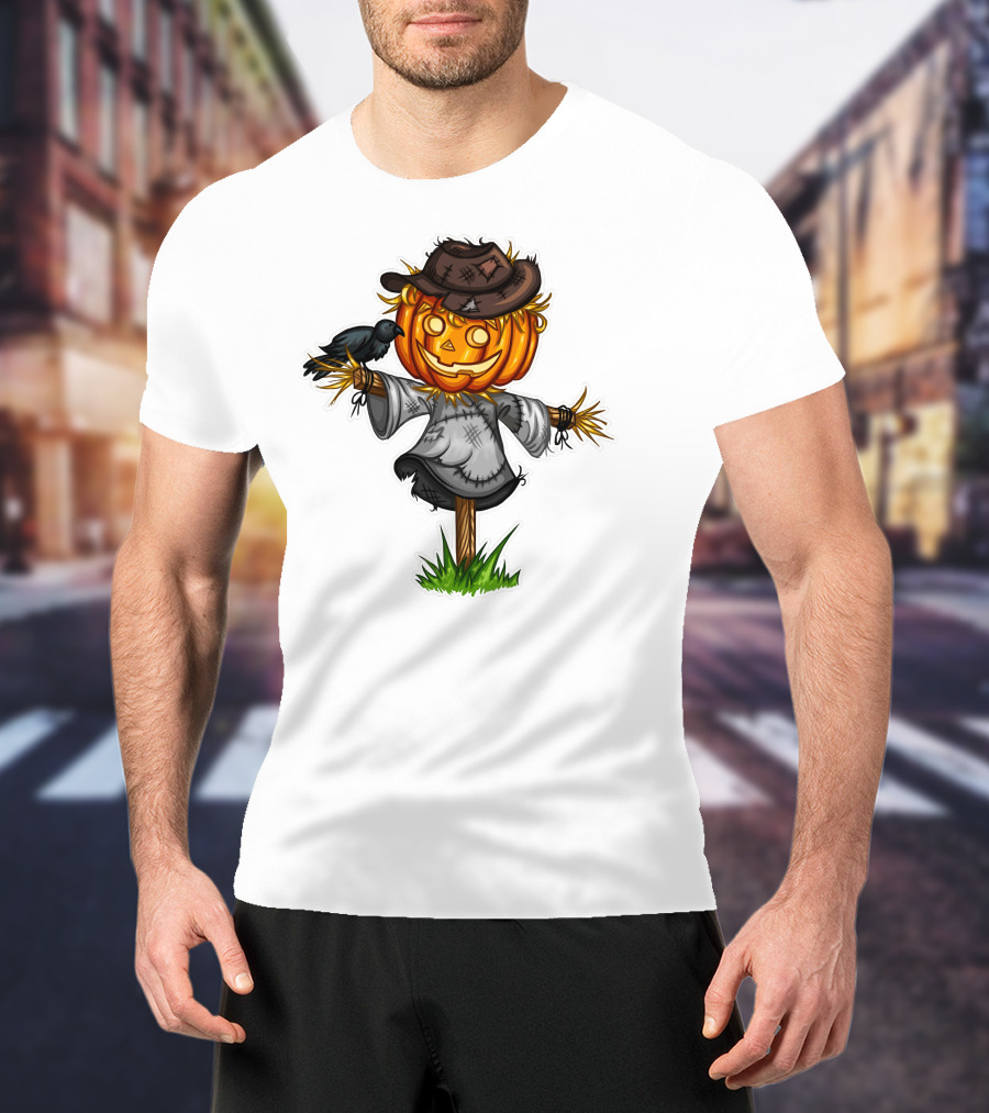 Scarecrow Halloween Pumpkin Head With Crow And Tattered Hat T-Shirt