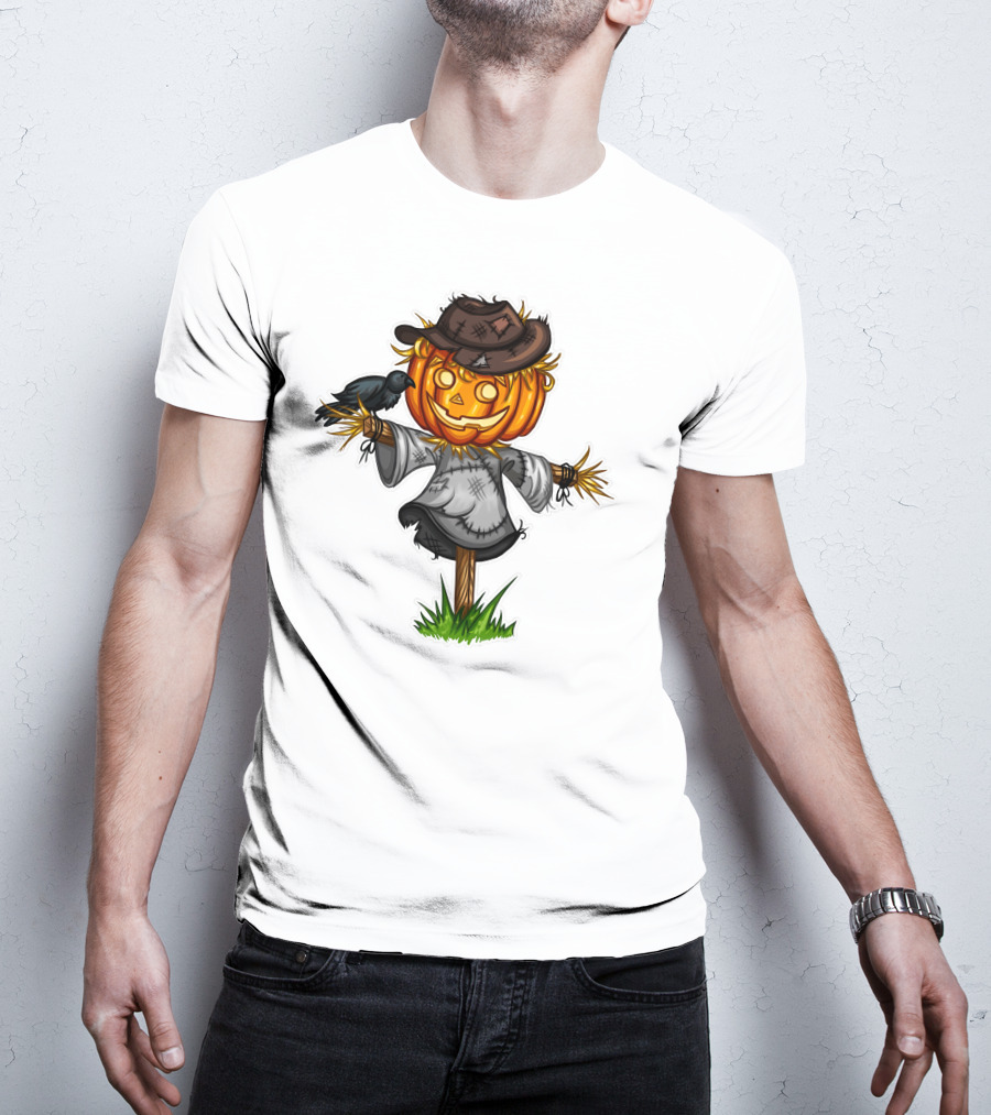 Scarecrow Halloween Pumpkin Head With Crow And Tattered Hat T-Shirt