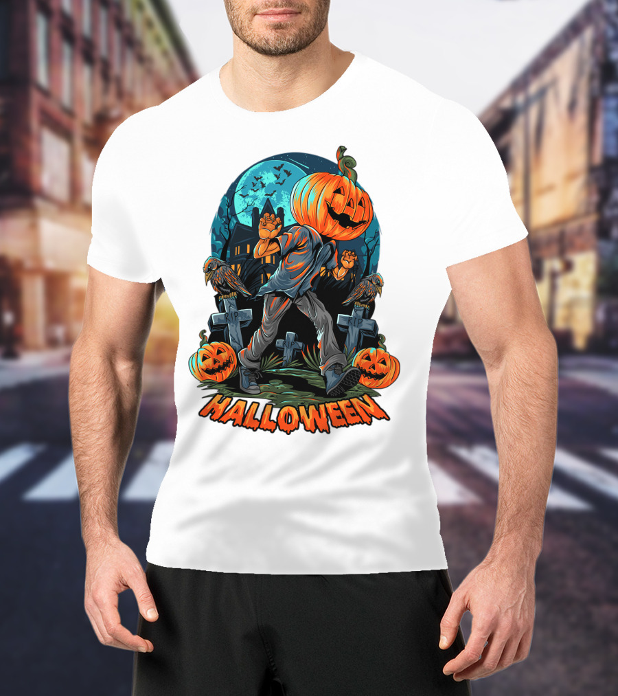 Spooky Halloween Pumpkin Head Costume With Haunted House And Bats T-Shirt