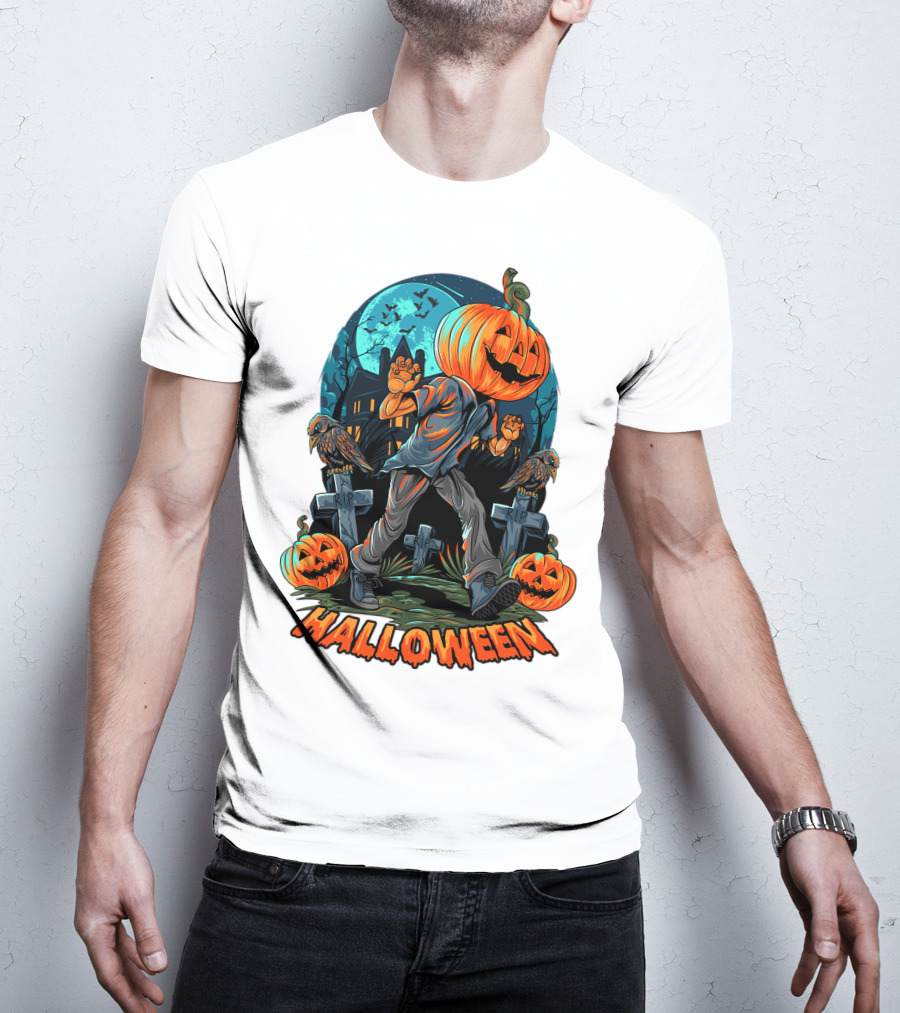 Spooky Halloween Pumpkin Head Costume With Haunted House And Bats T-Shirt