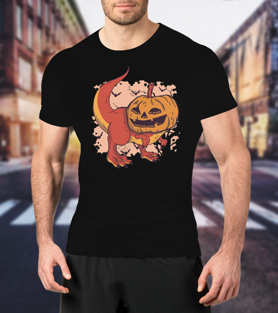 Pumpkin-Head Dinosaur With Jack-O'-Lantern Face And Creepy Background T-Shirt