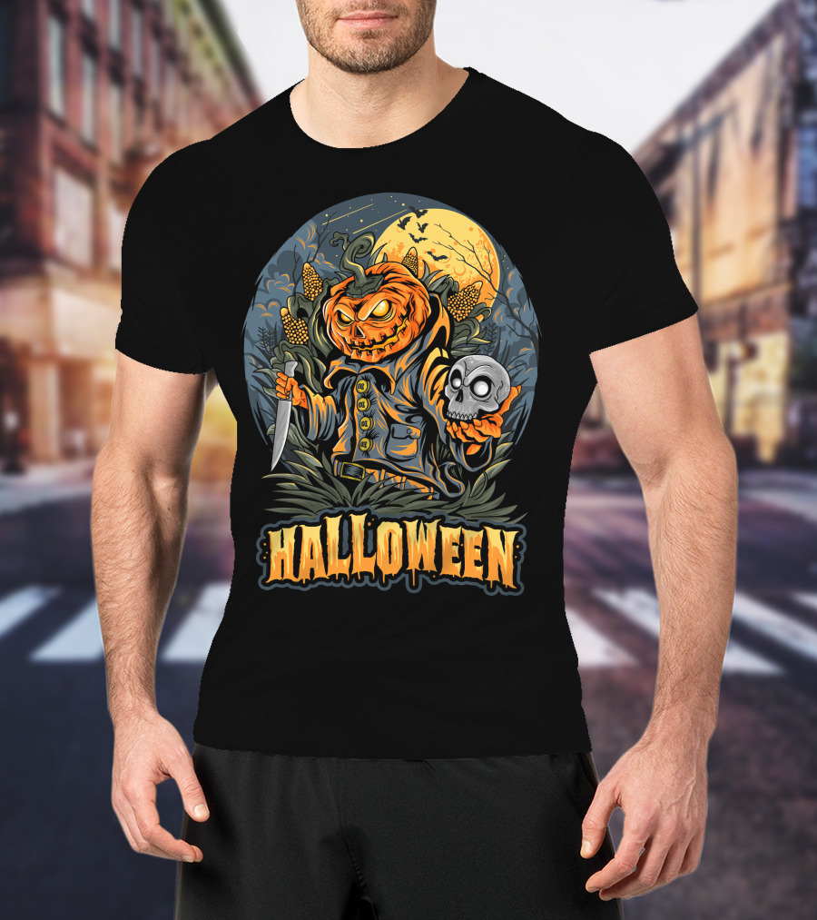 Halloween Pumpkin Head With Knife And Skull In Cornfield Scene T-Shirt