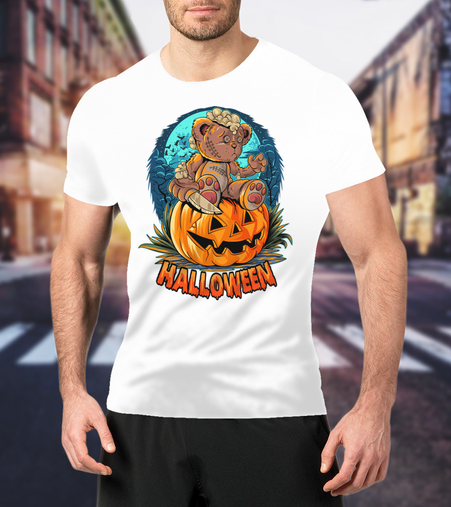 Halloween Teddy Bear On Pumpkin With Moon And Bats T-Shirt