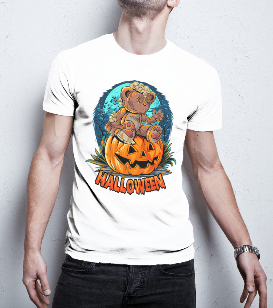 Halloween Teddy Bear On Pumpkin With Moon And Bats T-Shirt