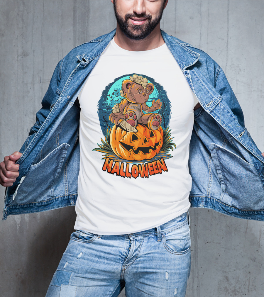 Halloween Teddy Bear On Pumpkin With Moon And Bats T-Shirt