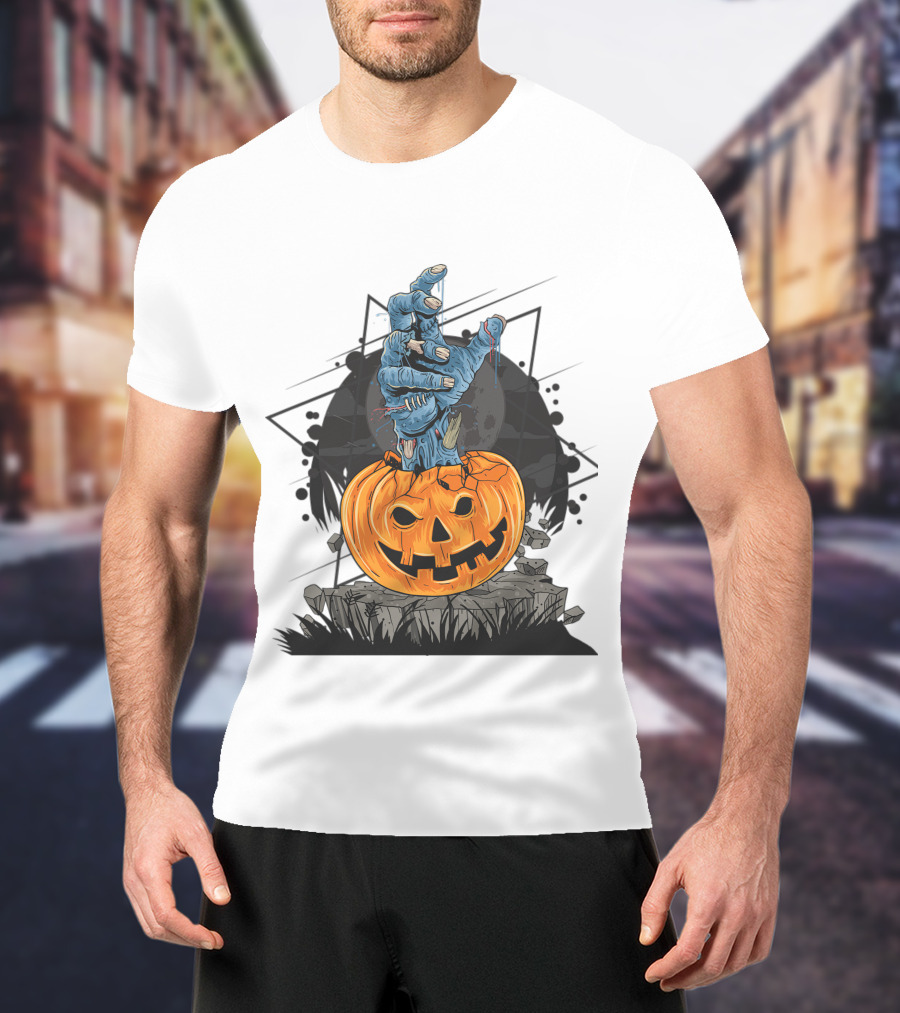 Zombie Hand Emerging From Pumpkin With Spooky Halloween Moon Background T-Shirt