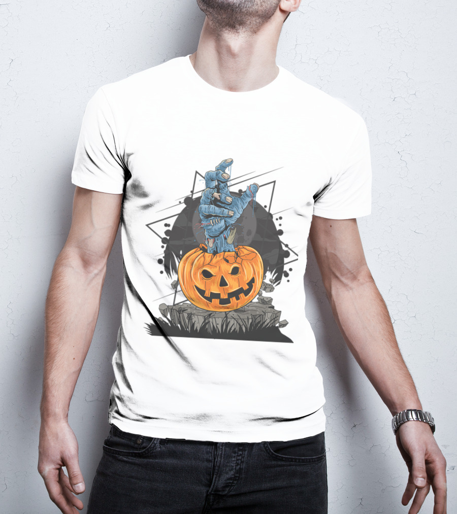 Zombie Hand Emerging From Pumpkin With Spooky Halloween Moon Background T-Shirt