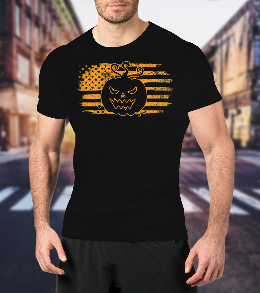 Halloween Pumpkin Monster USA Flag Grunge T-Shirt