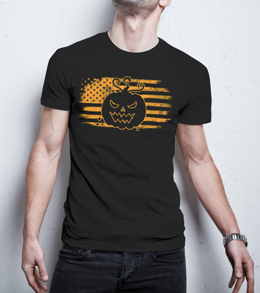 Halloween Pumpkin Monster USA Flag Grunge T-Shirt