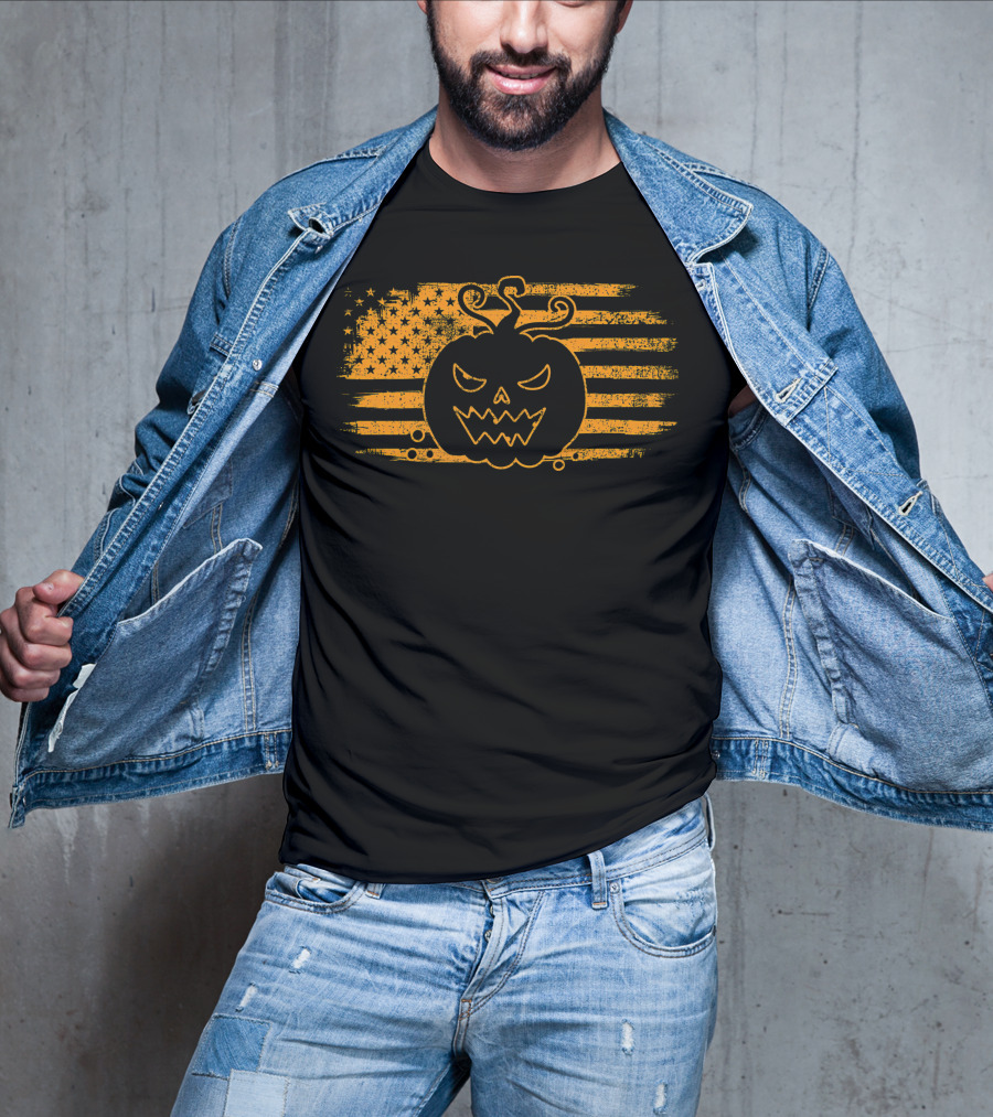 Halloween Pumpkin Monster USA Flag Grunge T-Shirt