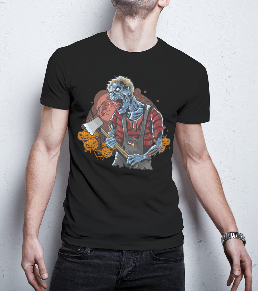 Zombie With Axe And Pumpkins In Spooky Forest T-Shirt