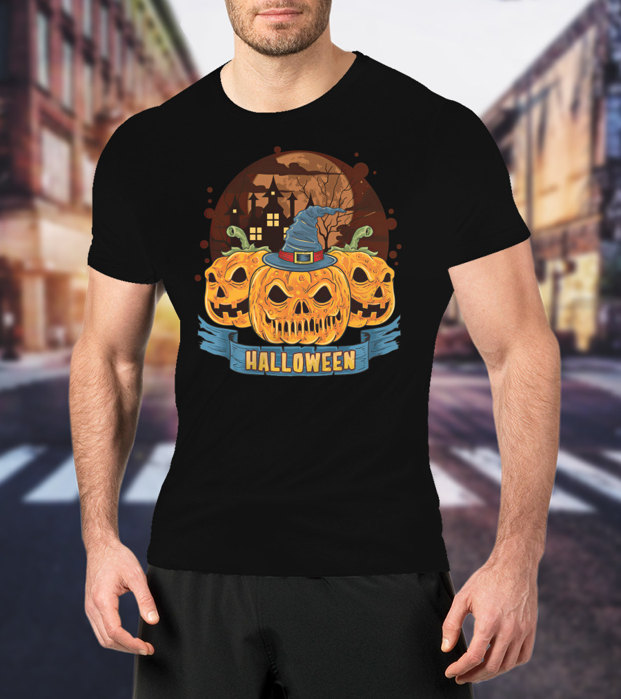 Halloween Spooky Pumpkins With Haunted House And Witch Hat T-Shirt
