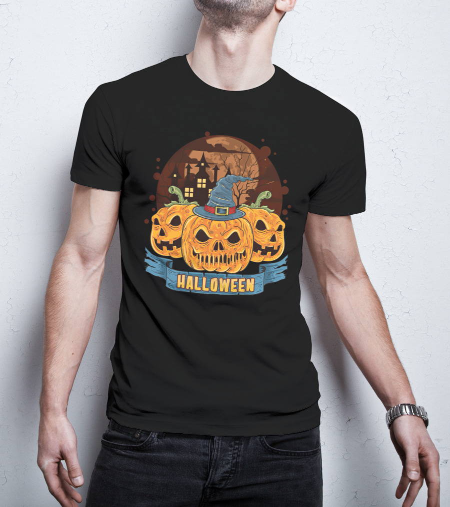 Halloween Spooky Pumpkins With Haunted House And Witch Hat T-Shirt
