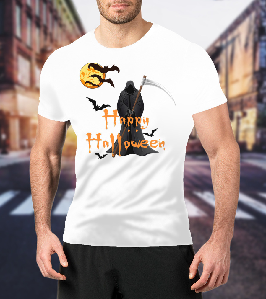 Happy Halloween Grim Reaper With Bats And Moon T-Shirt