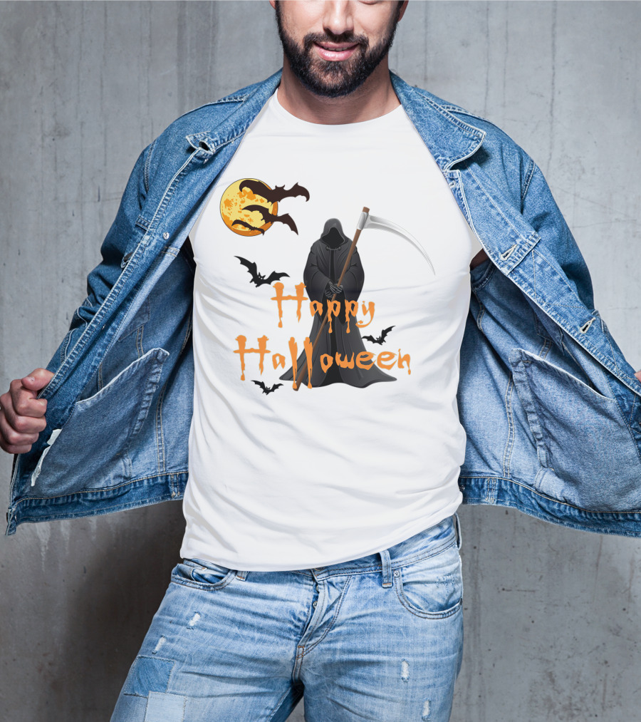 Happy Halloween Grim Reaper With Bats And Moon T-Shirt