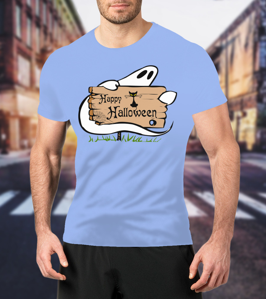 Happy Halloween Ghost With Black Cat And Spider Web T-Shirt