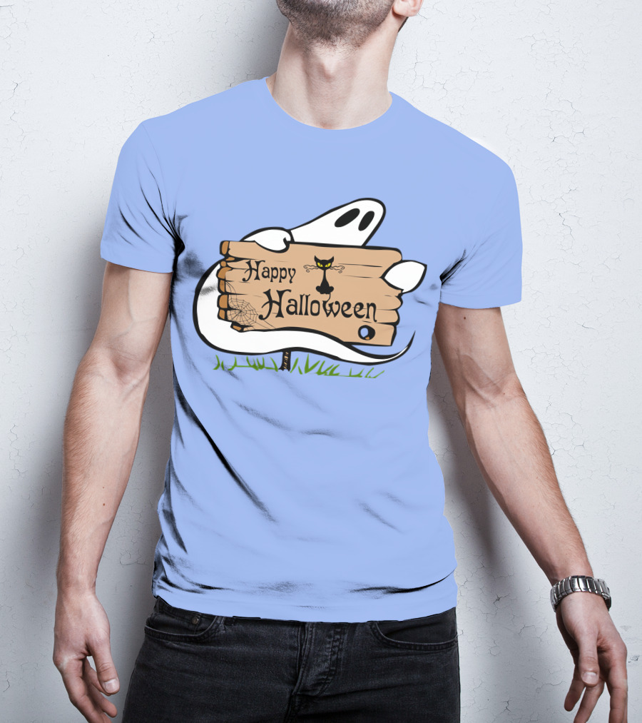 Happy Halloween Ghost With Black Cat And Spider Web T-Shirt