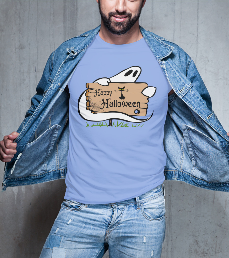 Happy Halloween Ghost With Black Cat And Spider Web T-Shirt