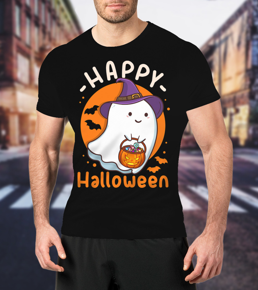 Happy Halloween Ghost With Pumpkin And Witch Hat T-Shirt