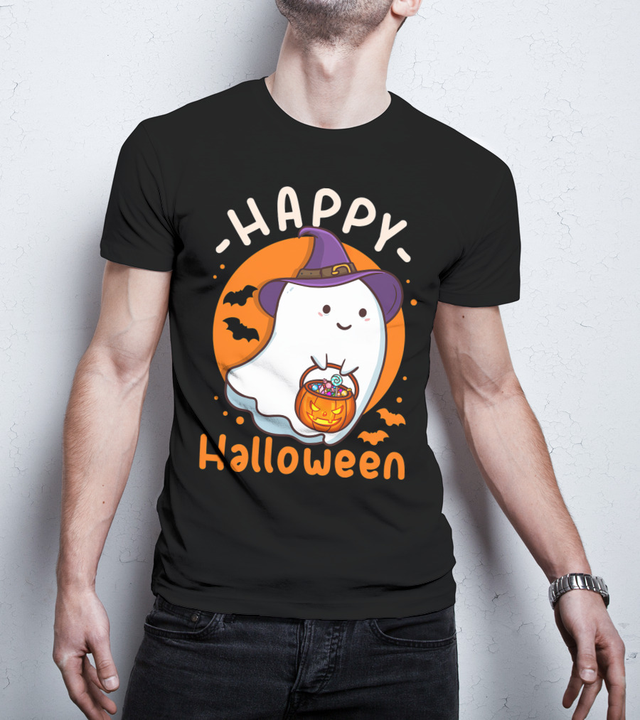Happy Halloween Ghost With Pumpkin And Witch Hat T-Shirt