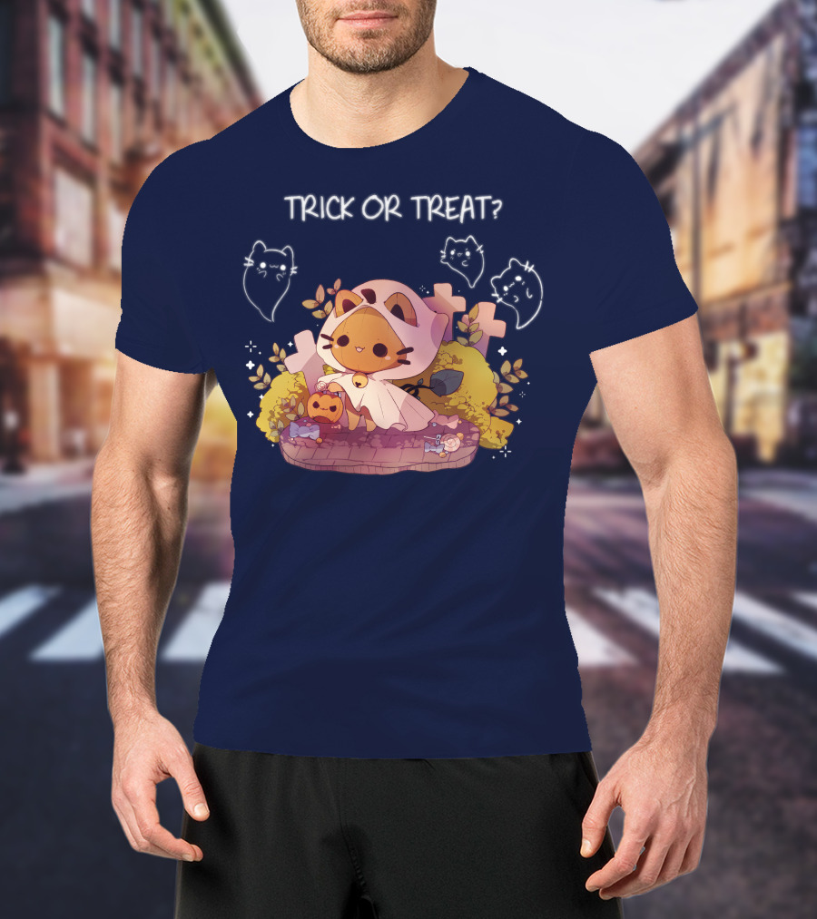 Trick Or Treat Kitty Ghost With Pumpkin And Crosses T-Shirt